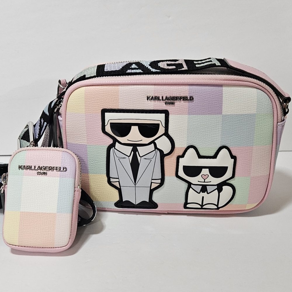 NWT Karl Lagerfeld PastelCheckered Color Block Camera Crossbody Bag - Picture 3 of 7